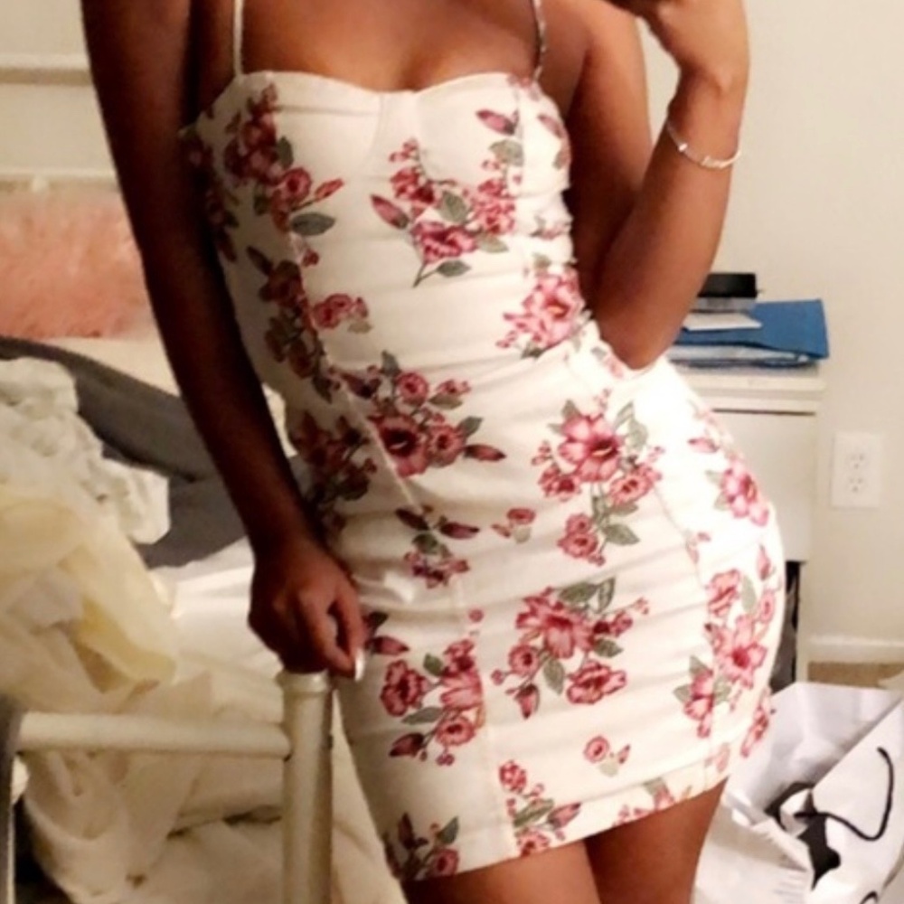 H&M Divided, off white floral mini dress, spaghetti straps, size 8
